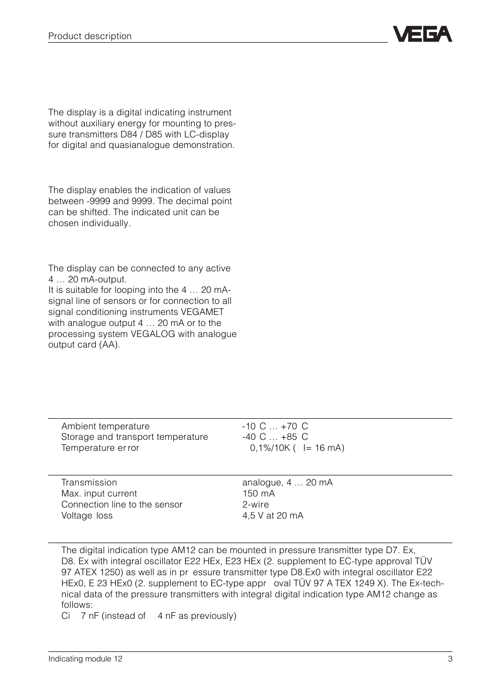 1 product description, 1 function and configuration, 2 technical data | VEGA AM12 User Manual | Page 3 / 8