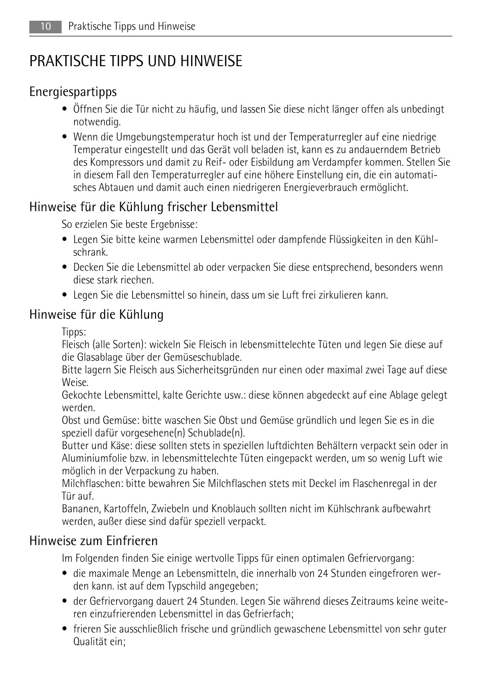 Praktische tipps und hinweise, Energiespartipps, Hinweise für die kühlung frischer lebensmittel | Hinweise für die kühlung, Hinweise zum einfrieren | AEG AIK 2401 R User Manual | Page 10 / 100