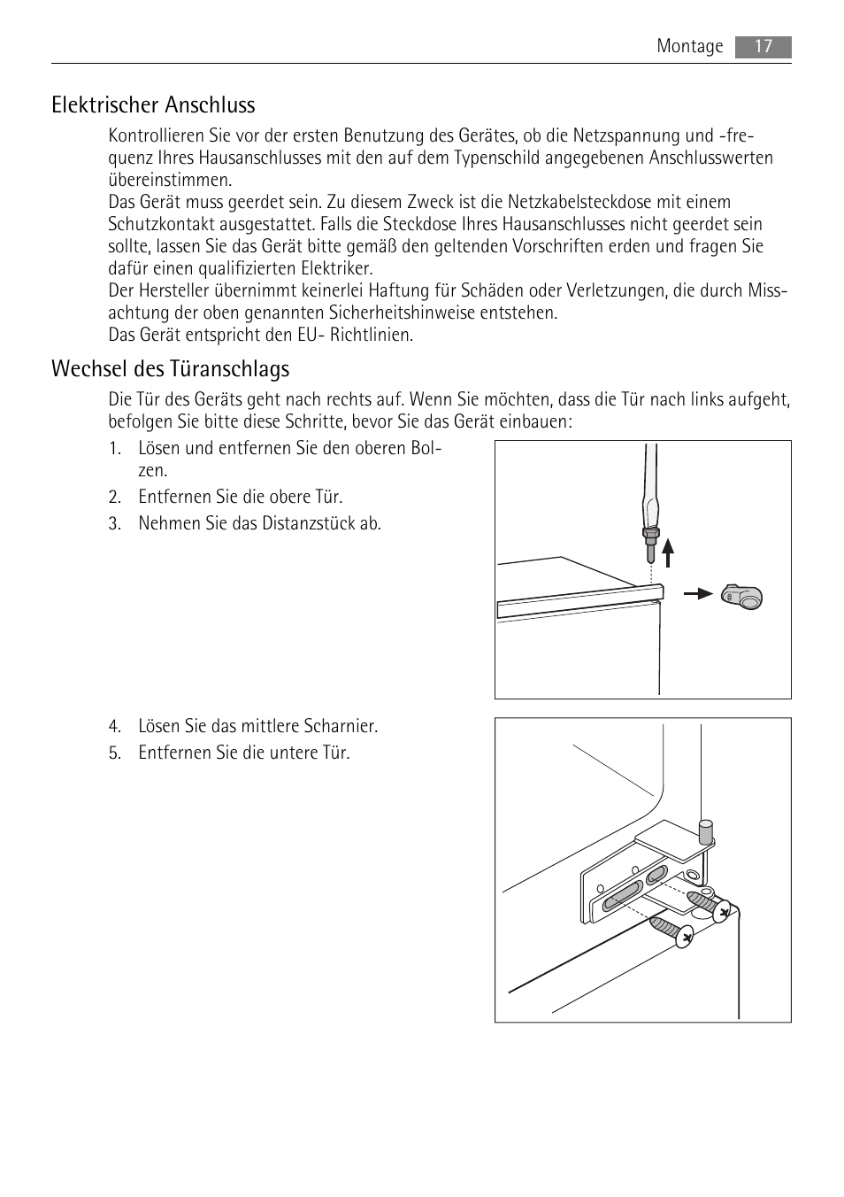 Elektrischer anschluss, Wechsel des türanschlags | AEG AIK 2401 R User Manual | Page 17 / 100