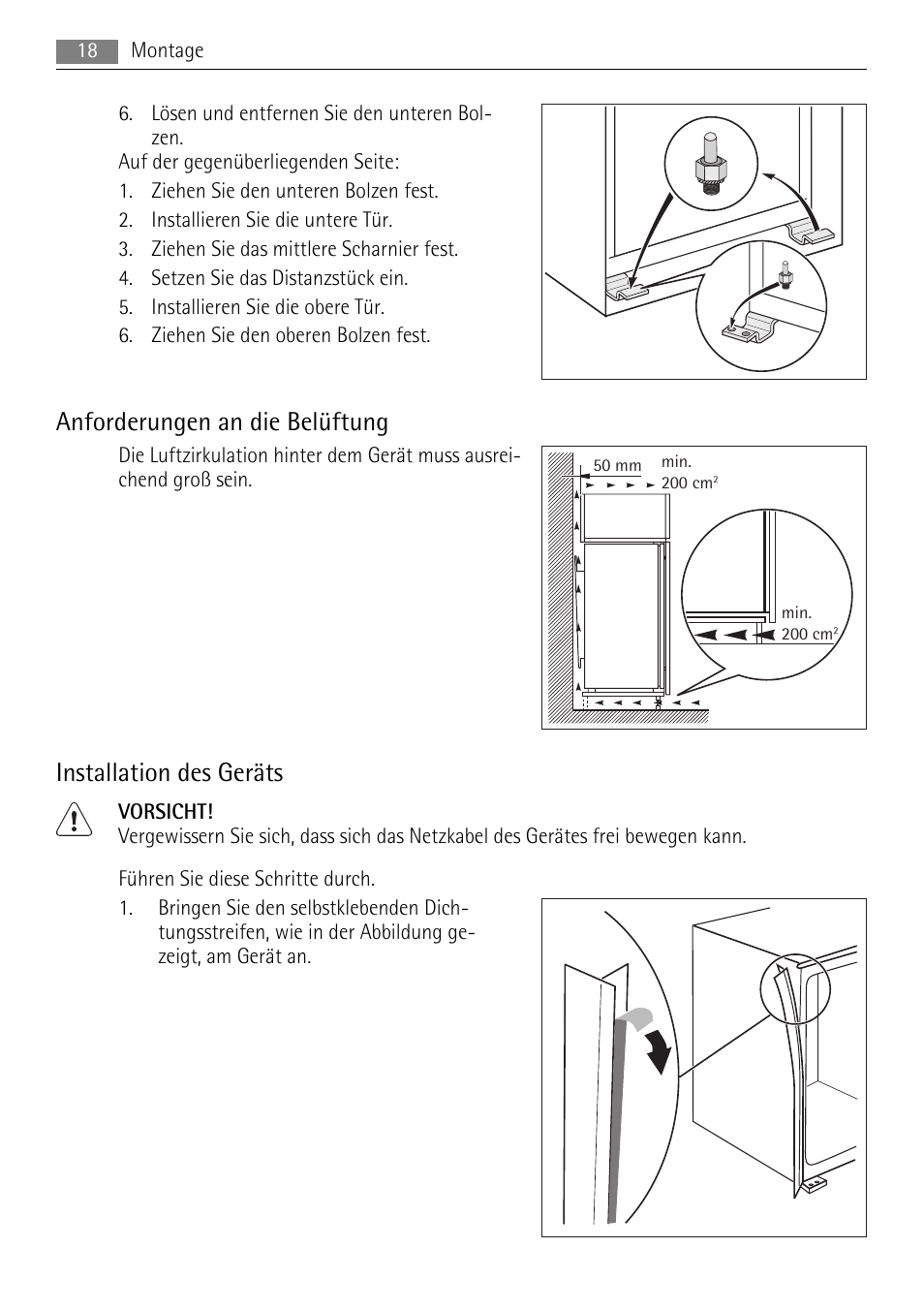 Anforderungen an die belüftung, Installation des geräts | AEG AIK 2401 R User Manual | Page 18 / 100