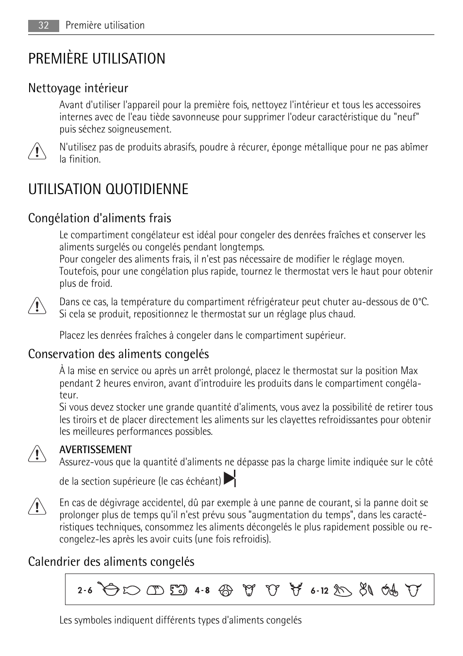 Première utilisation, Utilisation quotidienne, Nettoyage intérieur | Congélation d'aliments frais, Conservation des aliments congelés, Calendrier des aliments congelés | AEG AIK 2401 R User Manual | Page 32 / 100