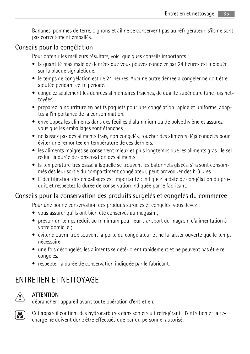 Entretien et nettoyage, Conseils pour la congélation | AEG AIK 2401 R User Manual | Page 35 / 100