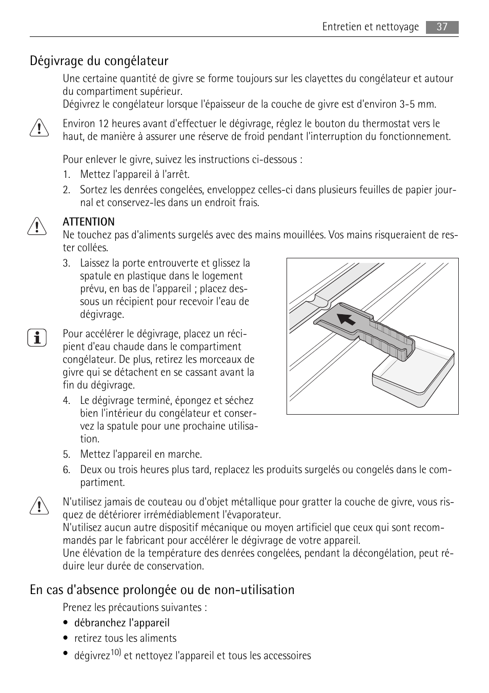 Dégivrage du congélateur, En cas d'absence prolongée ou de non-utilisation | AEG AIK 2401 R User Manual | Page 37 / 100