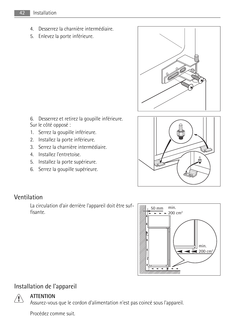 Ventilation, Installation de l'appareil | AEG AIK 2401 R User Manual | Page 42 / 100