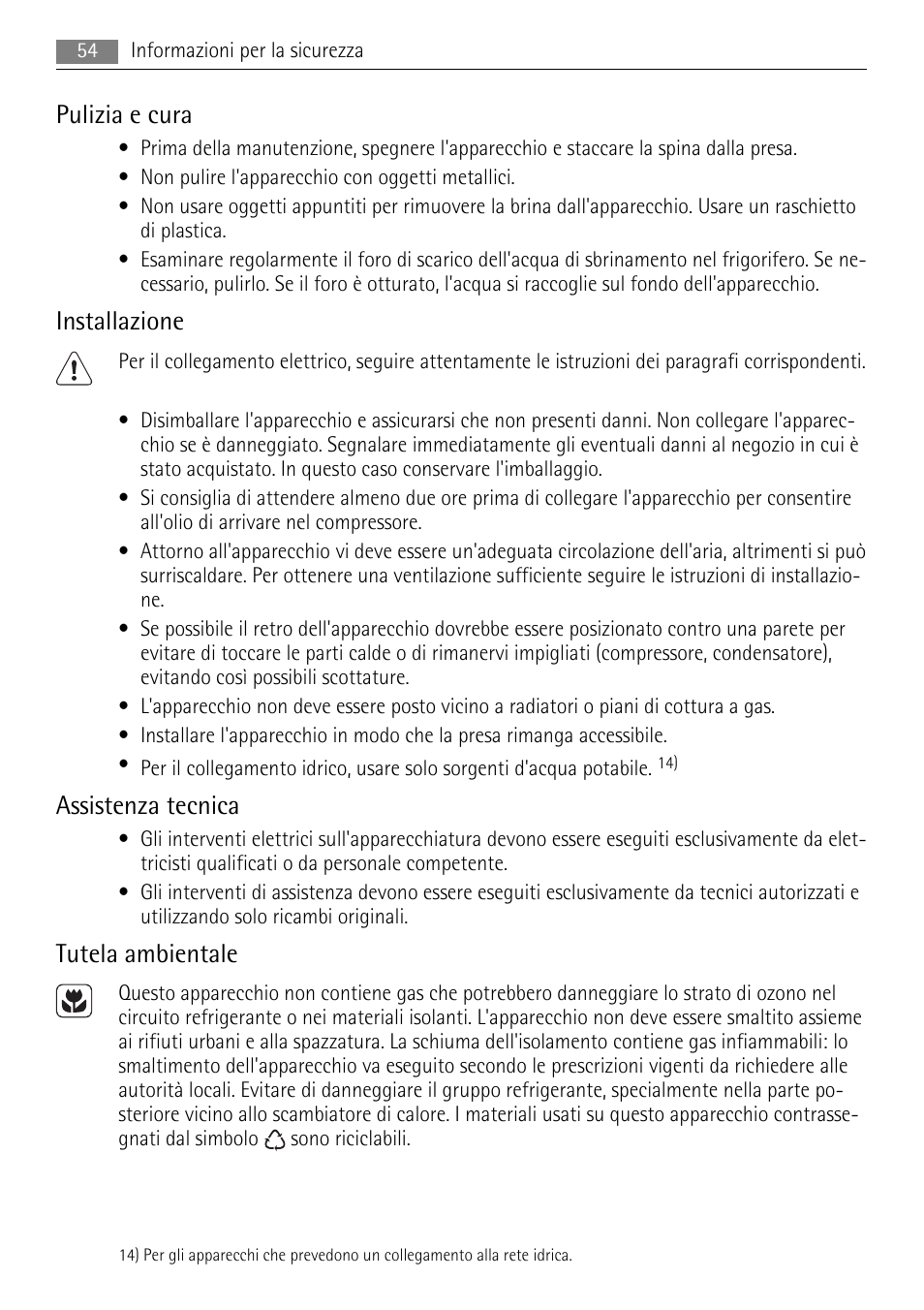 Pulizia e cura, Installazione, Assistenza tecnica | Tutela ambientale | AEG AIK 2401 R User Manual | Page 54 / 100