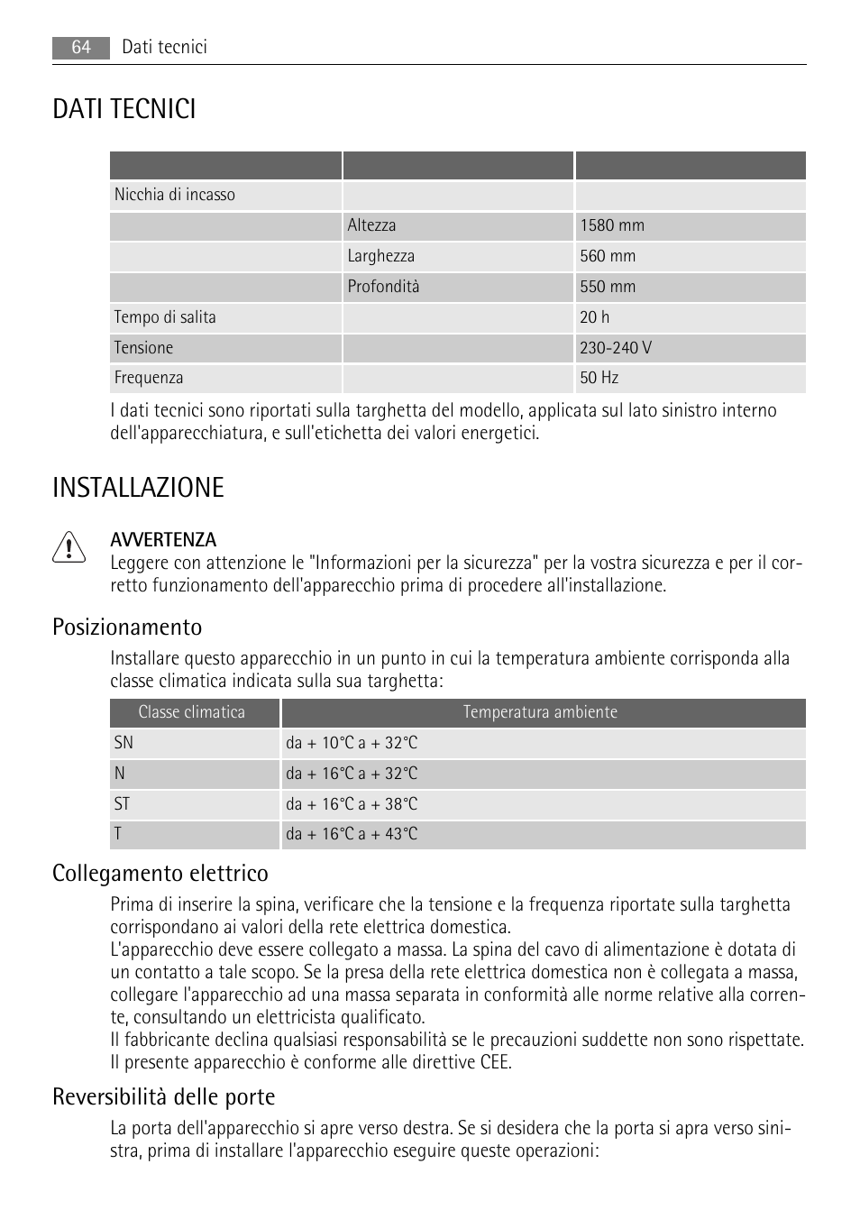 Dati tecnici, Installazione, Posizionamento | Collegamento elettrico, Reversibilità delle porte | AEG AIK 2401 R User Manual | Page 64 / 100