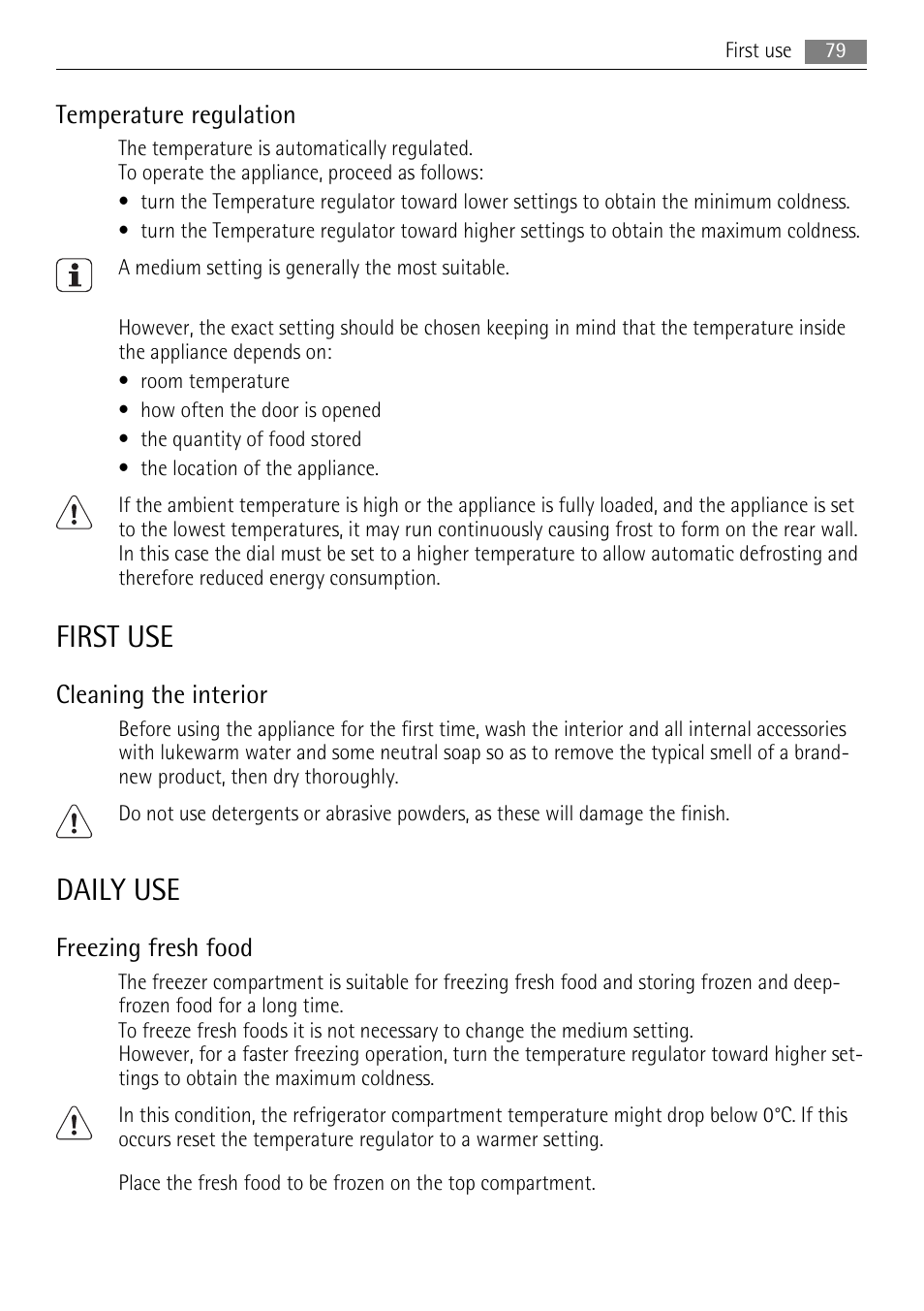 First use, Daily use, Temperature regulation | Cleaning the interior, Freezing fresh food | AEG AIK 2401 R User Manual | Page 79 / 100