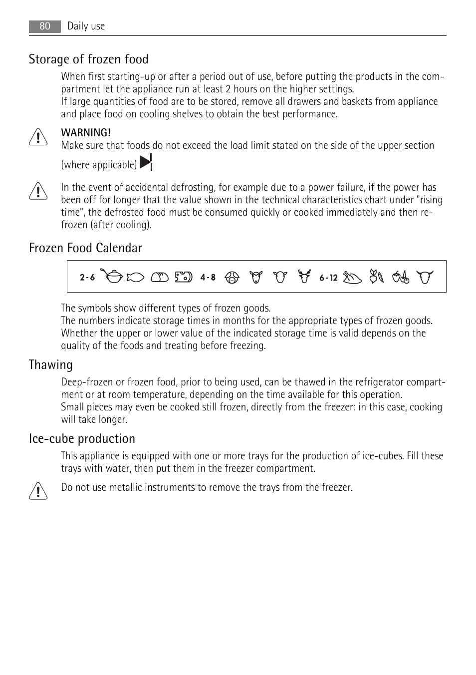 Storage of frozen food, Frozen food calendar, Thawing | Ice-cube production | AEG AIK 2401 R User Manual | Page 80 / 100