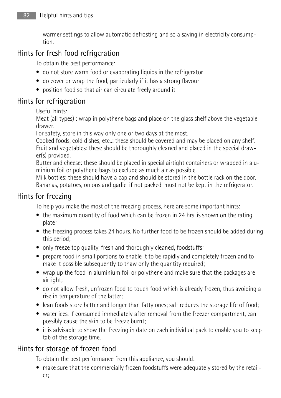 Hints for fresh food refrigeration, Hints for refrigeration, Hints for freezing | Hints for storage of frozen food | AEG AIK 2401 R User Manual | Page 82 / 100