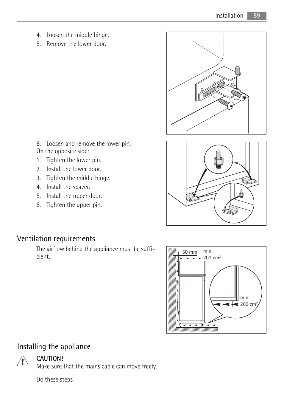 Ventilation requirements, Installing the appliance | AEG AIK 2401 R User Manual | Page 89 / 100