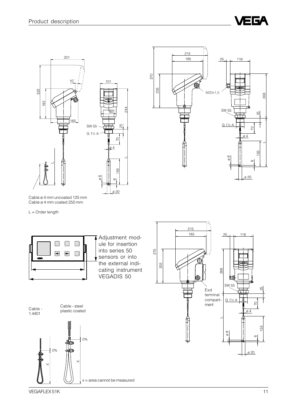 6 dimensions, Product description adjustment module minicom, Plastic housing aluminium housing | Aluminium housing with exd terminal compartment, Cable loops | VEGA VEGAFLEX 51K User Manual | Page 11 / 32