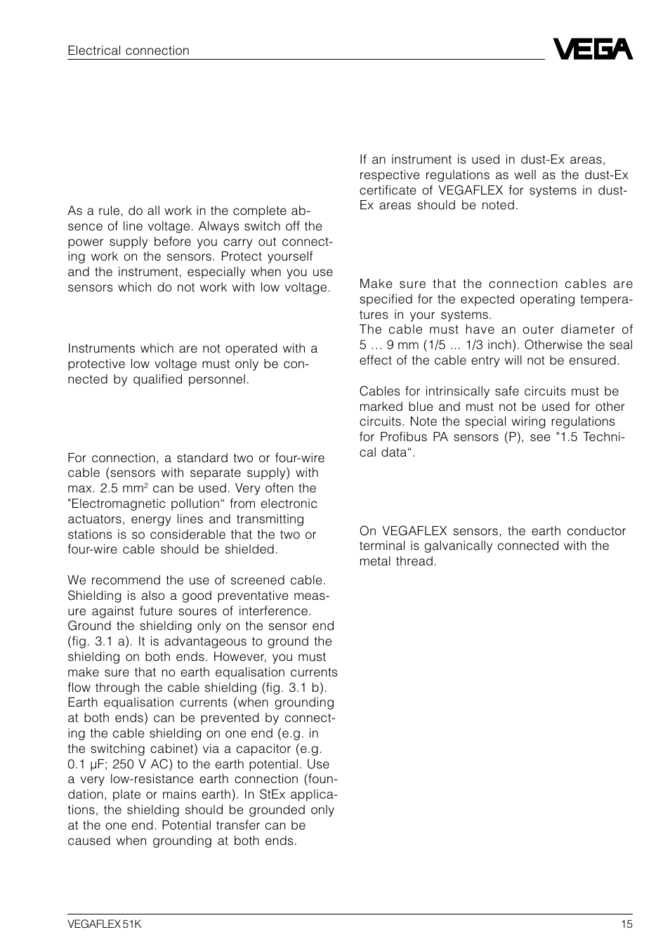 3 electrical connection, 1 connection and connection cable, 1 connection and connection ca- ble | VEGA VEGAFLEX 51K User Manual | Page 15 / 32