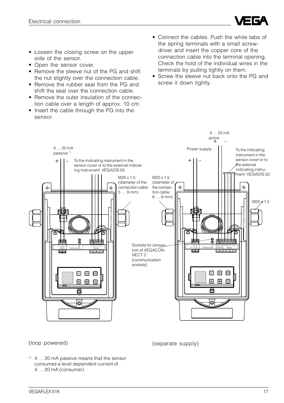 2 connection of the sensor, Four-wire technology, Electrical connection | Separate supply) | VEGA VEGAFLEX 51K User Manual | Page 17 / 32