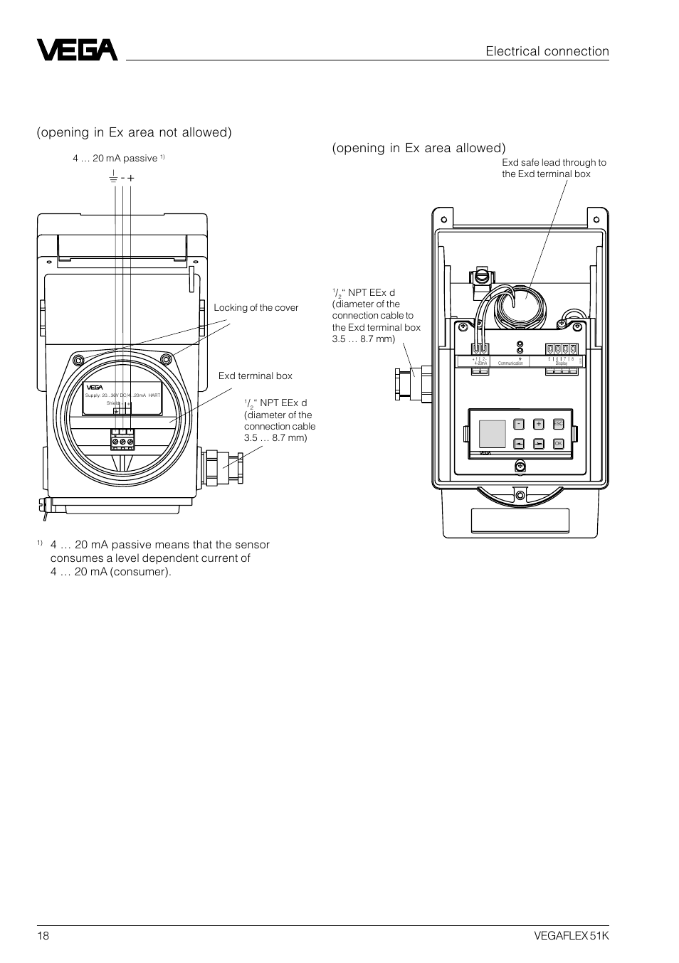 Electrical connection, 18 vegaflex 51k | VEGA VEGAFLEX 51K User Manual | Page 18 / 32