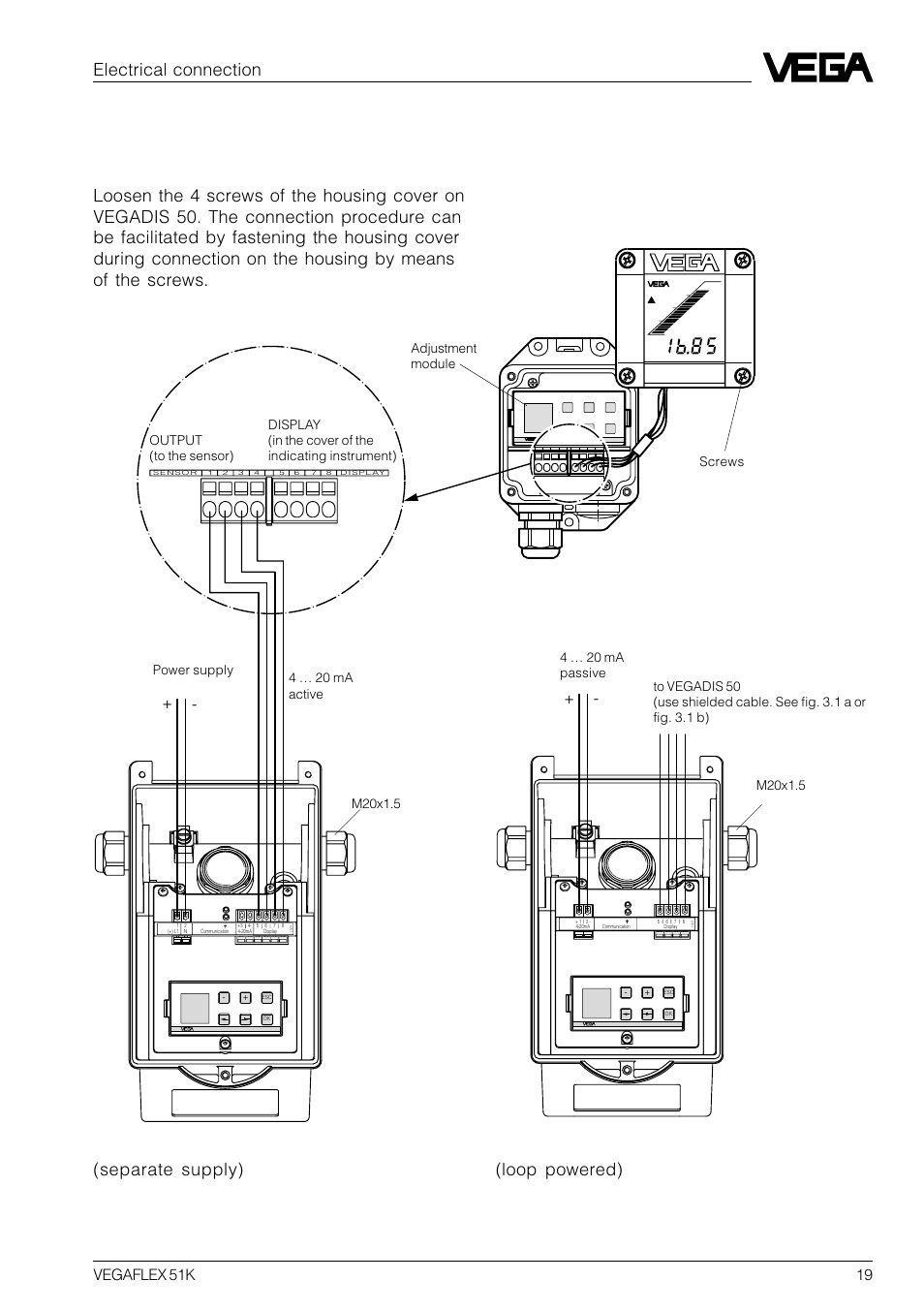 Electrical connection, Vegaflex 51k 19, Screws adjustment module | VEGA VEGAFLEX 51K User Manual | Page 19 / 32