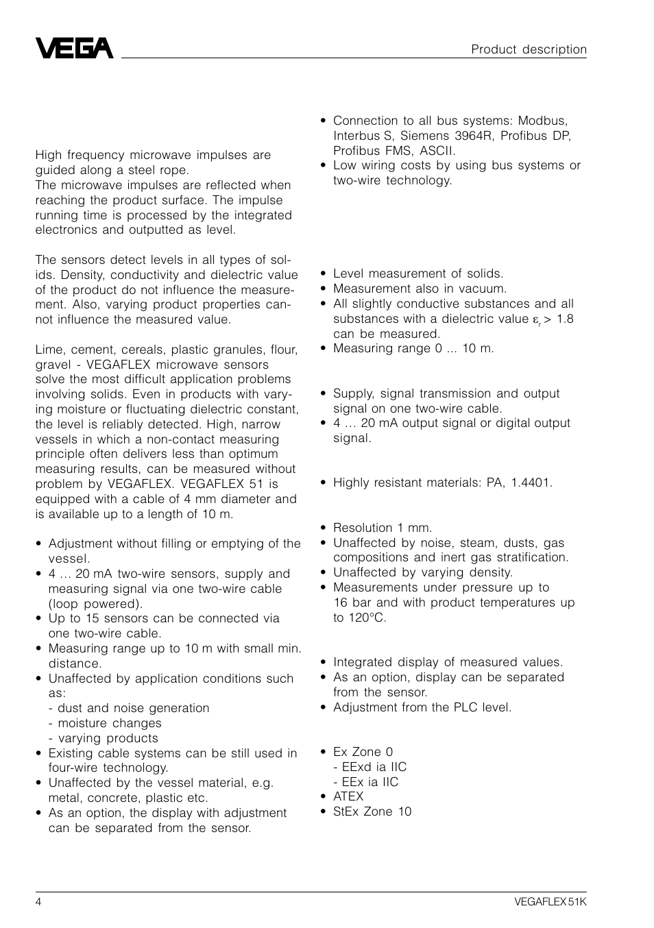 1 product description, 1 function, 2 application features | VEGA VEGAFLEX 51K User Manual | Page 4 / 32