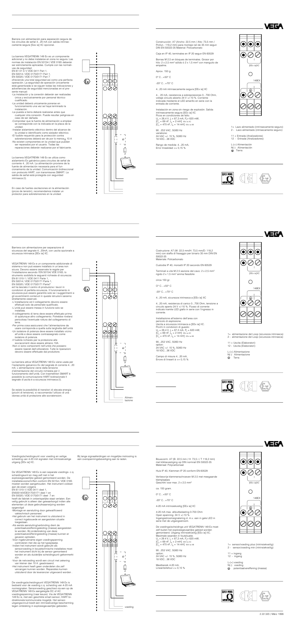 Manual de instrucciones barrera vegatrenn 149 ex, Manuale operativo barriera attiva vegatrenn 149 ex, Datos técnicos | Aplicación, Notas sobre seguridad, Funcionamiento, Conexion, Dati tecnici, Applicazione, Funzione | VEGA VEGATRENN 149A Ex User Manual | Page 2 / 2