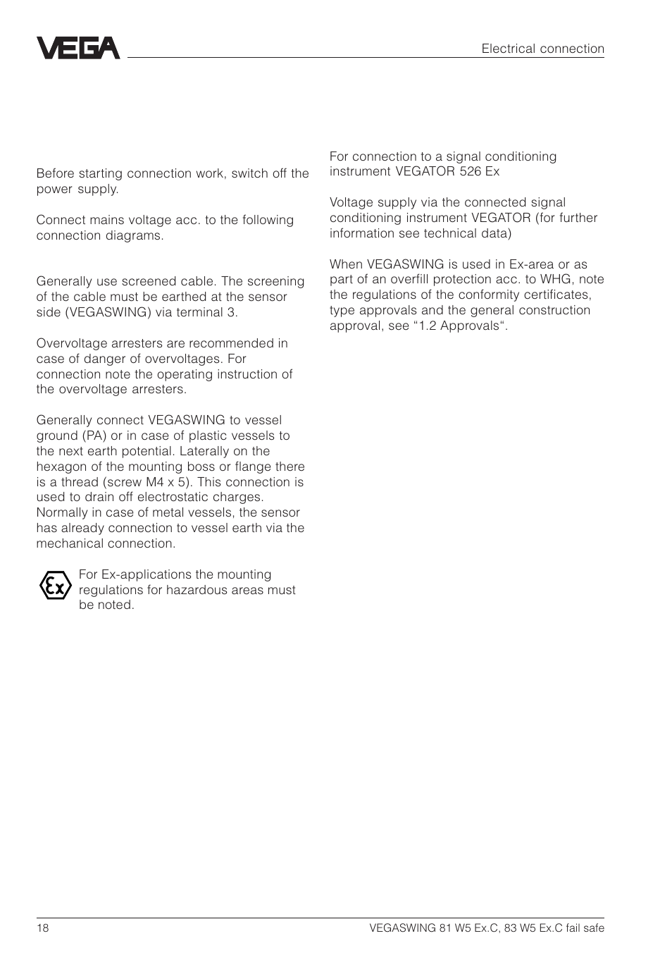 3 electrical connection, 1 vegaswing | VEGA VEGASWING 83 fail safe and signal conditioning instrument VEGATOR 526 Ex User Manual | Page 18 / 28