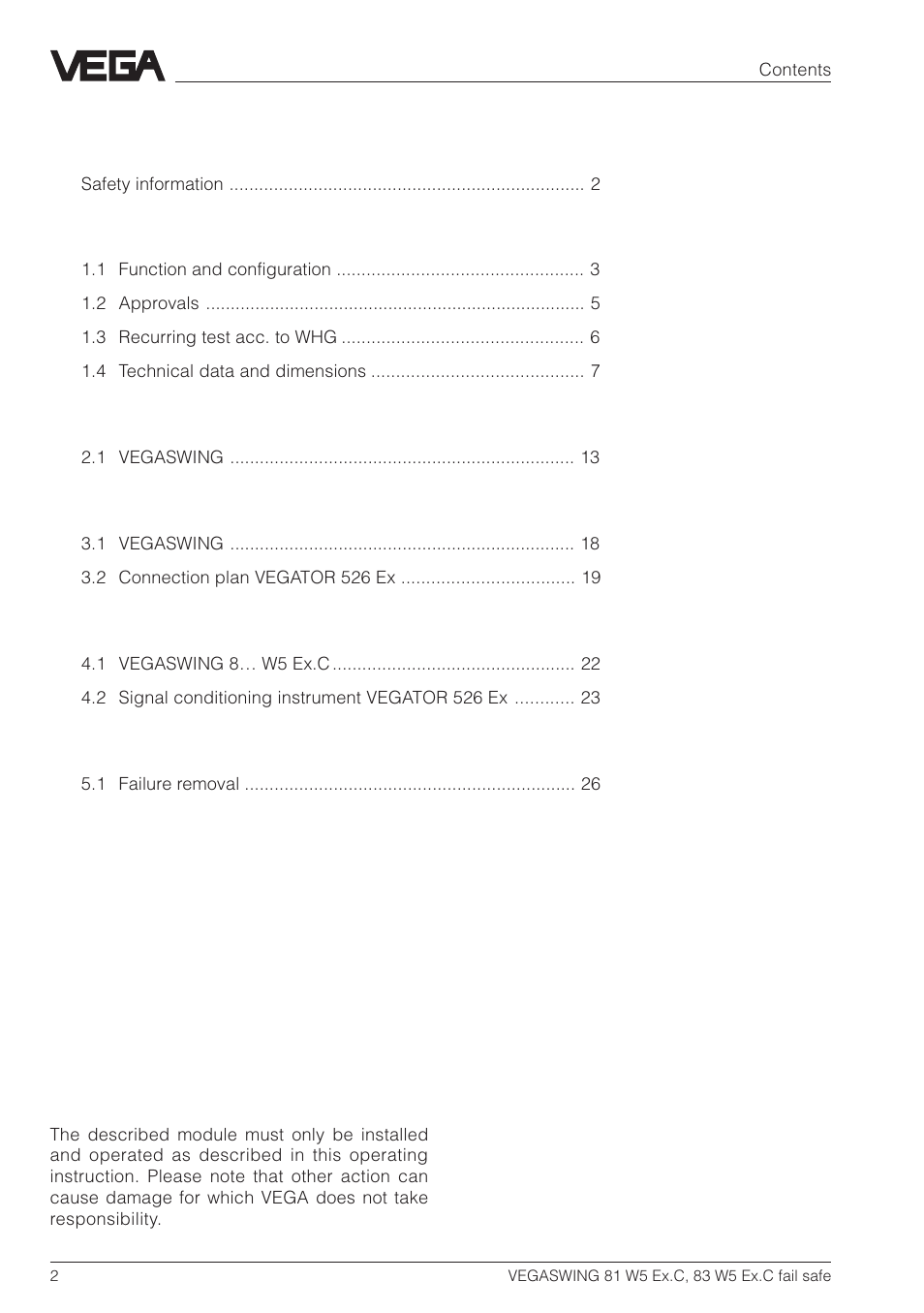 VEGA VEGASWING 83 fail safe and signal conditioning instrument VEGATOR 526 Ex User Manual | Page 2 / 28