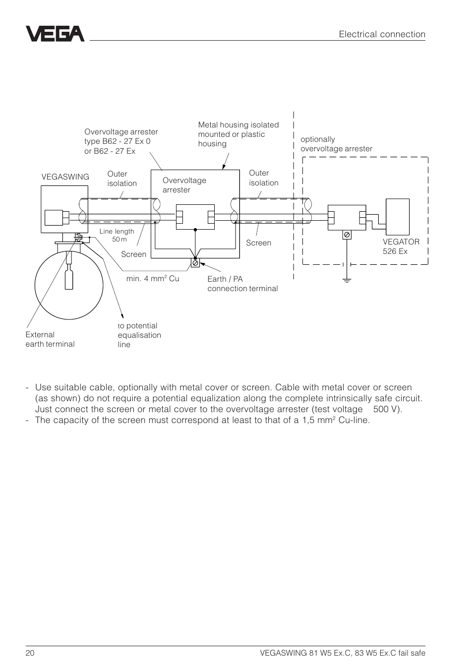 Connection examples for overvoltage arresters, Electrical connection, Vessel without cathodic corrosion protection | Cu-line | VEGA VEGASWING 83 fail safe and signal conditioning instrument VEGATOR 526 Ex User Manual | Page 20 / 28