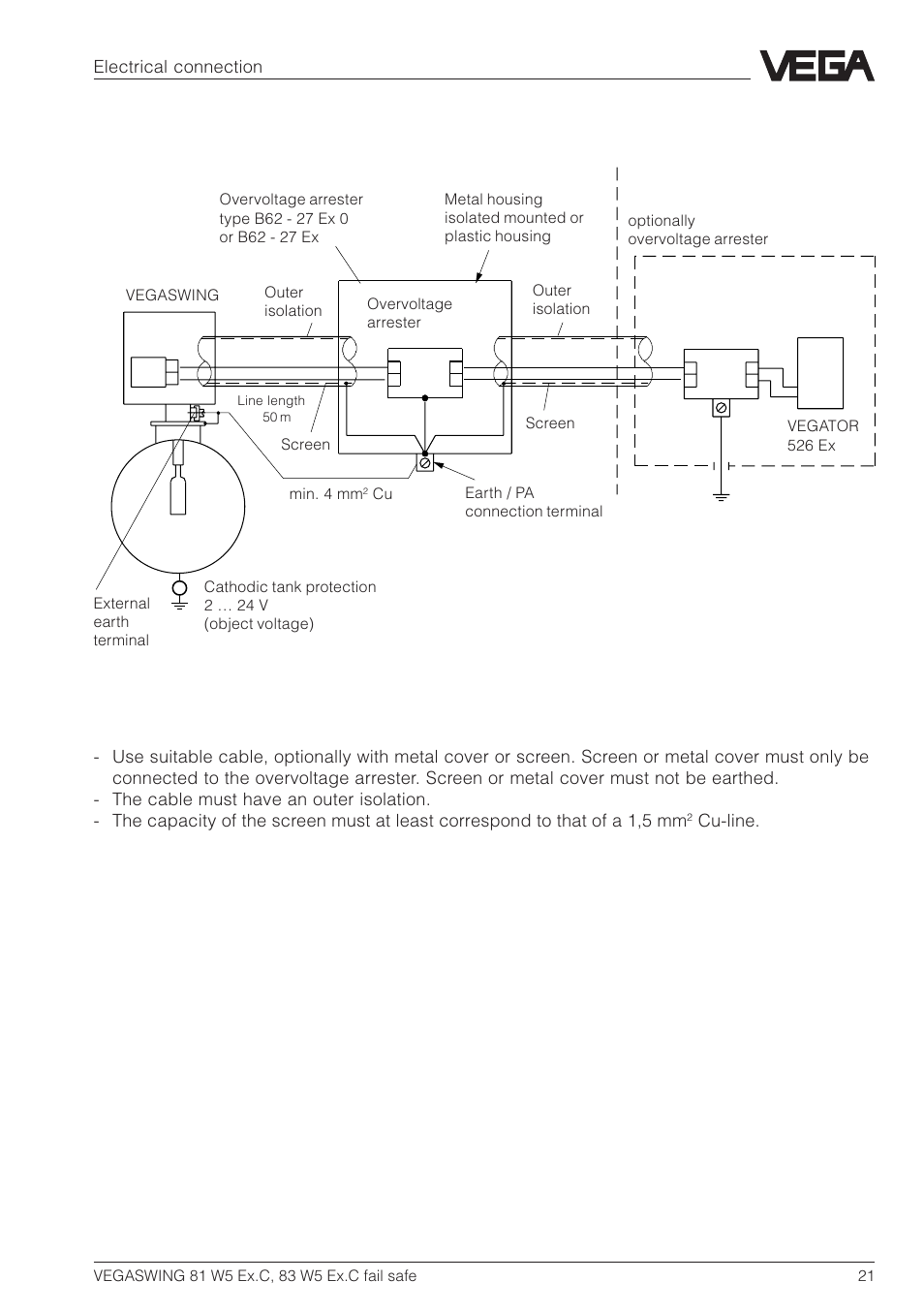 Electrical connection, Cu-line, Vessel with cathodic corrosion protection | VEGA VEGASWING 83 fail safe and signal conditioning instrument VEGATOR 526 Ex User Manual | Page 21 / 28