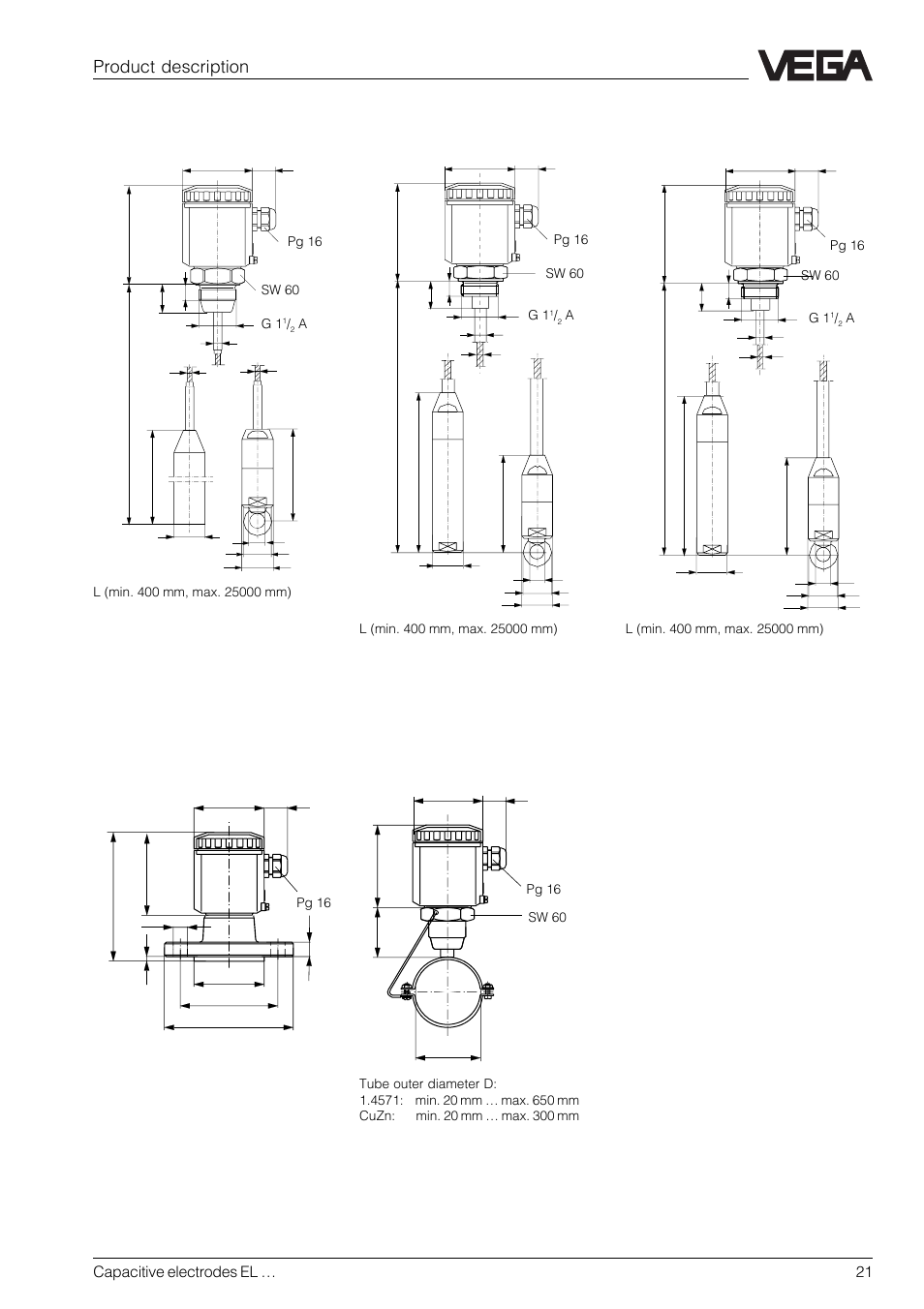 Type el 84 (pipe clamp electrode), Product description, Type el 52 (fully insulated) | VEGA Capacitive electrodes EL … User Manual | Page 21 / 44