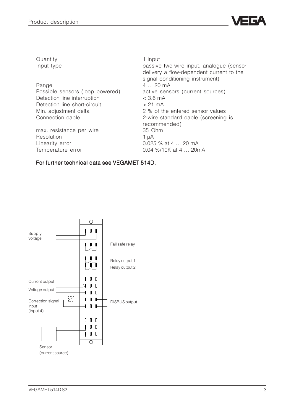 Electrical connection vegamet 514d s2, Technical data, Product description | VEGA VEGAMET 514D S2 User Manual | Page 3 / 4