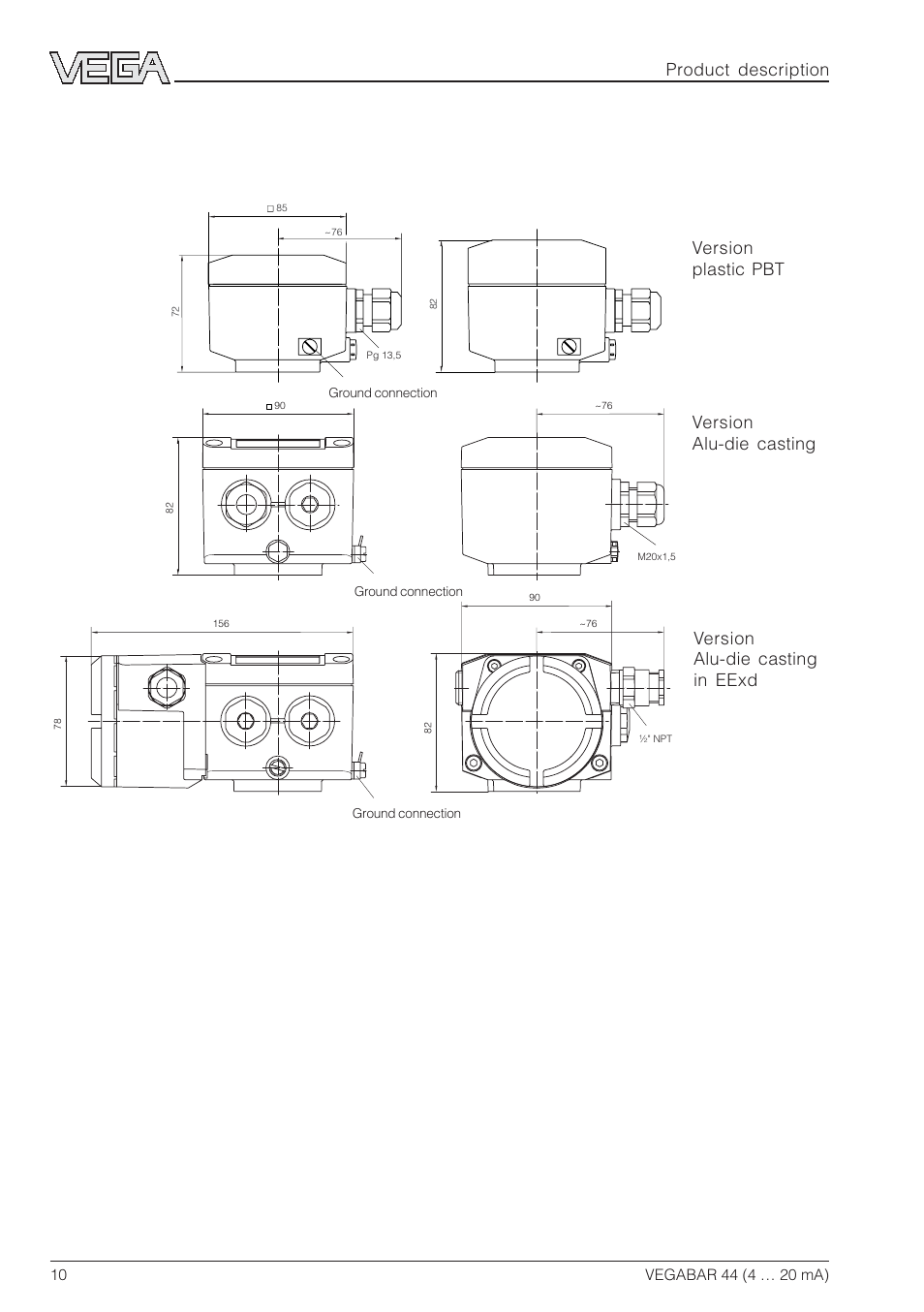 5 dimensions, Product description | VEGA VEGABAR 44 4 … 20 mA User Manual | Page 10 / 28