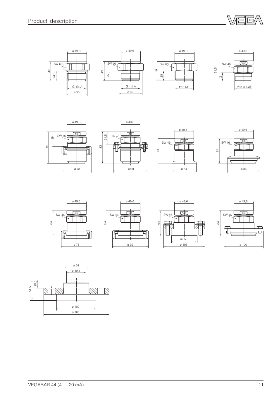 Product description process fitting | VEGA VEGABAR 44 4 … 20 mA User Manual | Page 11 / 28
