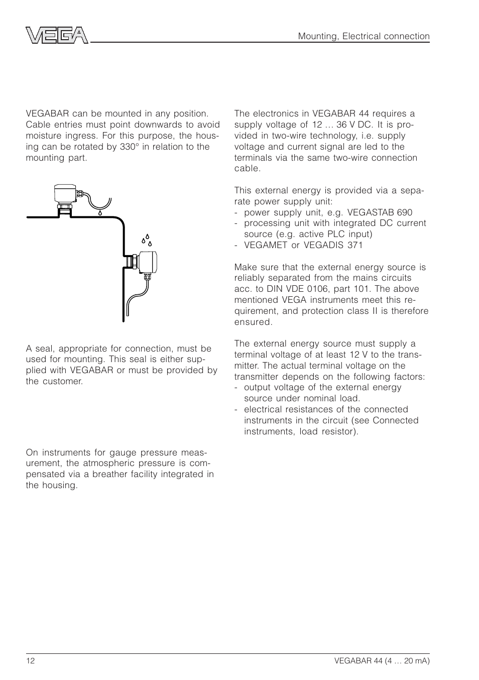 2 mounting, 1 mounting instructions, 2 compensation of the atmospheric pressure | 3 electrical connection, 1 connection instructions | VEGA VEGABAR 44 4 … 20 mA User Manual | Page 12 / 28