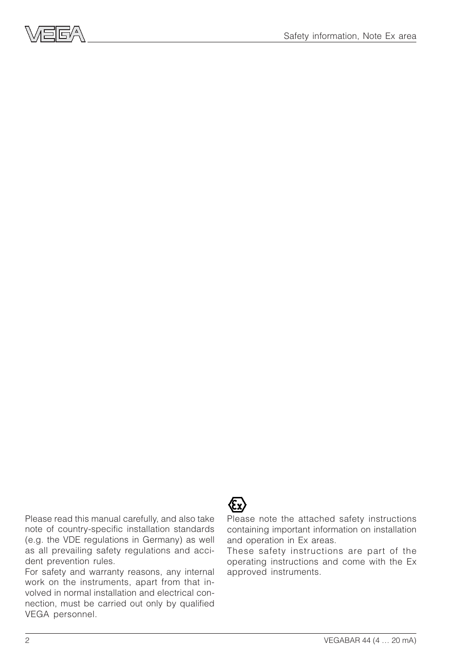 Safety information, Note ex area | VEGA VEGABAR 44 4 … 20 mA User Manual | Page 2 / 28