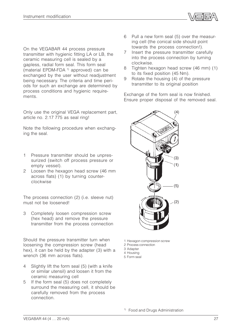 3 exchange of the hygienic form seal | VEGA VEGABAR 44 4 … 20 mA User Manual | Page 27 / 28