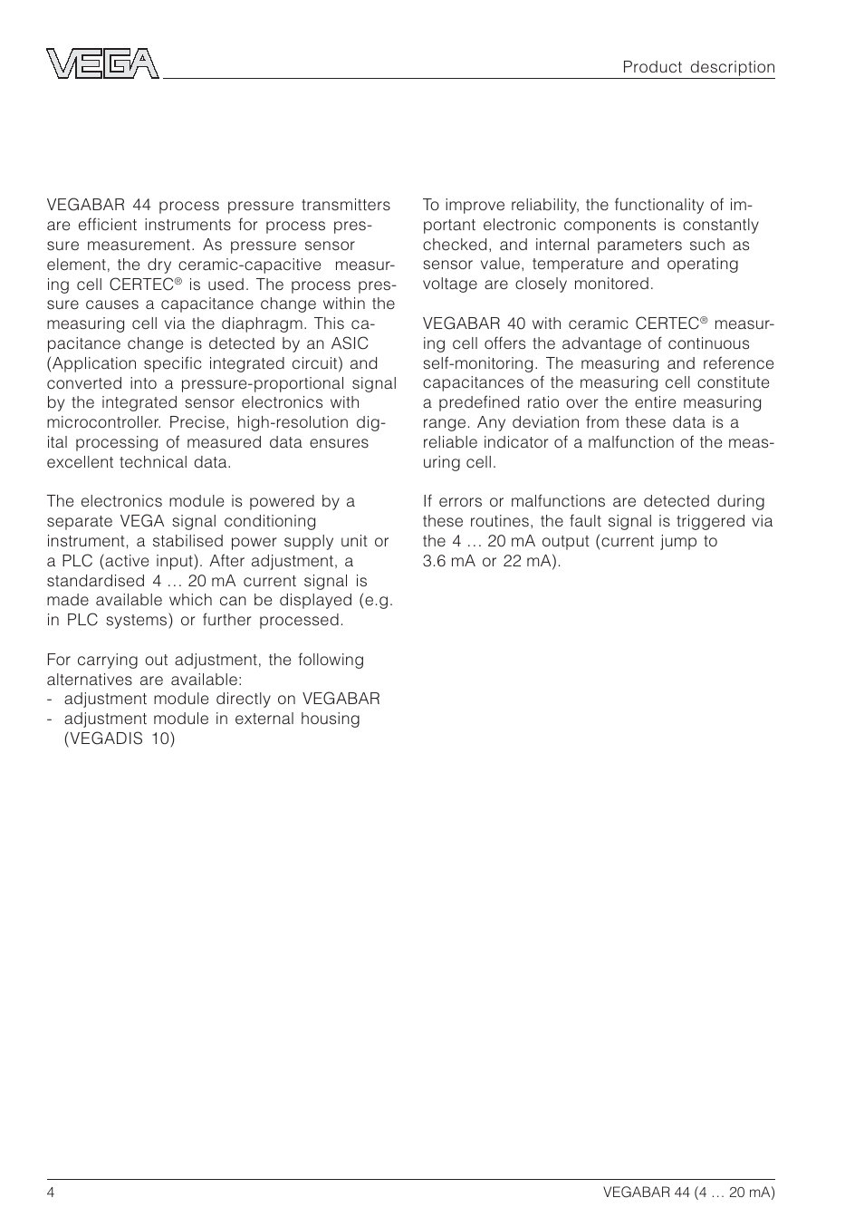 1 product description, 1 function and configuration, 2 self-monitoring | VEGA VEGABAR 44 4 … 20 mA User Manual | Page 4 / 28