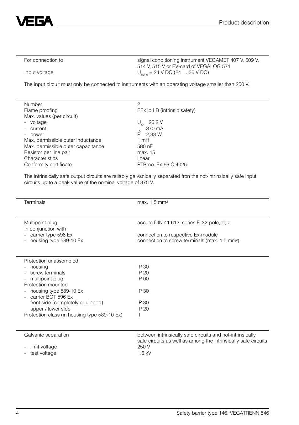 3 technical data | VEGA VEGATRENN 546 Safety barrier type 146 User Manual | Page 4 / 8