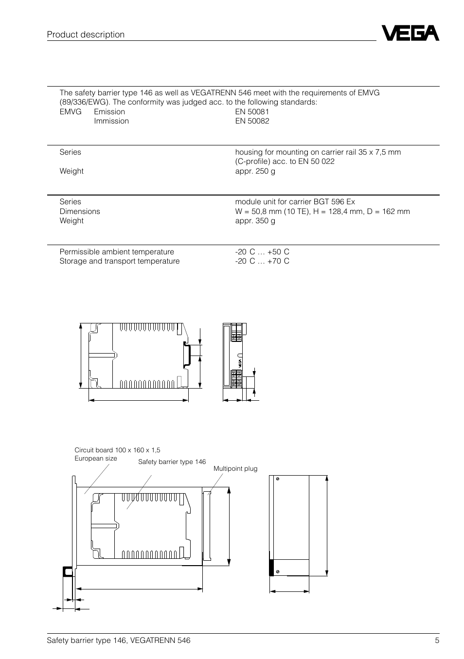 4 dimensions, Product description, Safety barrier 146 | Vegatrenn 546 | VEGA VEGATRENN 546 Safety barrier type 146 User Manual | Page 5 / 8