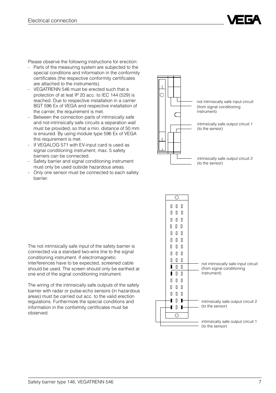 3 electrical connection, 1 erection instructions, 2 wiring instruction | 3 wiring plan, Electrical connection | VEGA VEGATRENN 546 Safety barrier type 146 User Manual | Page 7 / 8