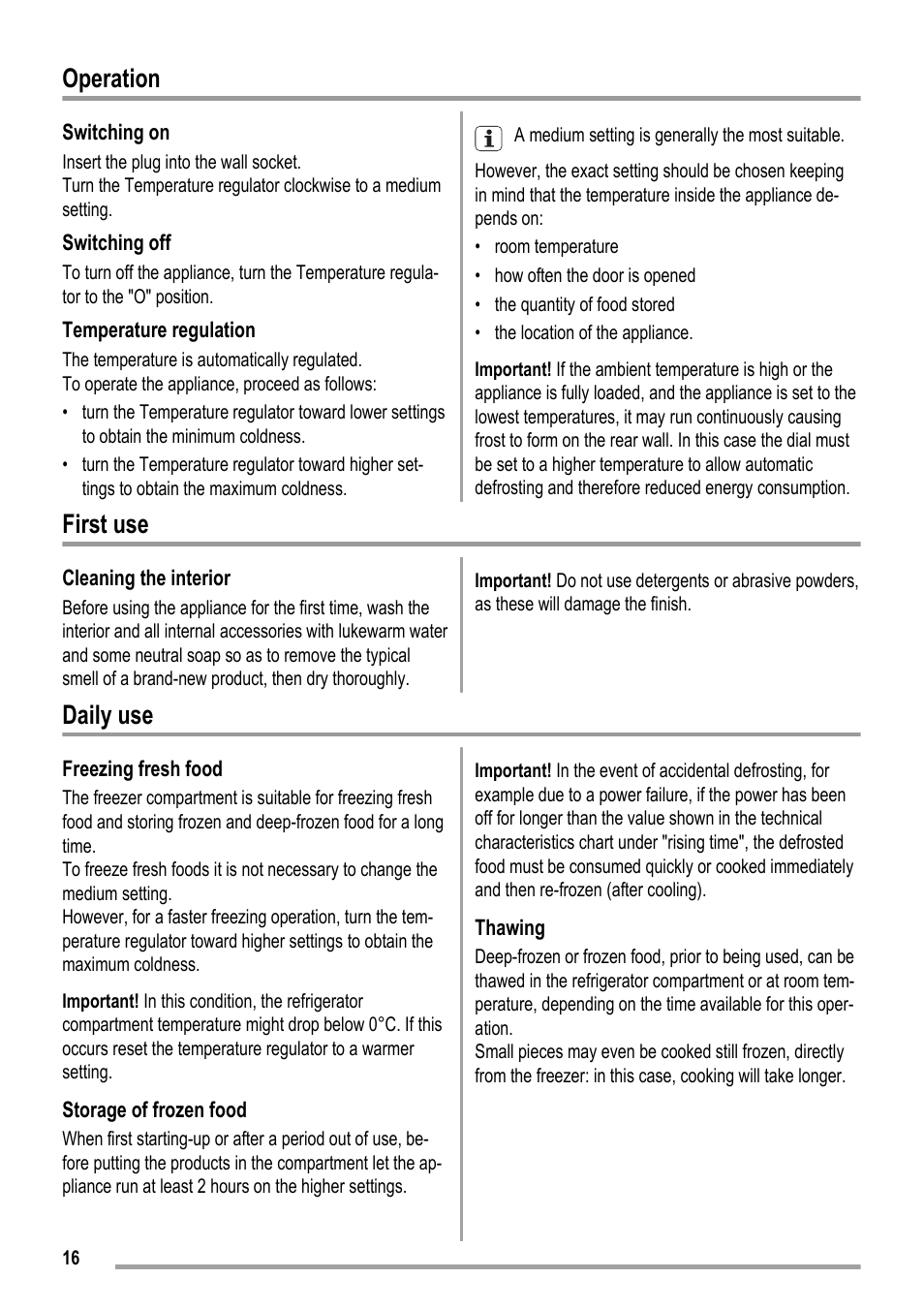 Operation, First use, Daily use | ZANKER KBA 17401 SK User Manual | Page 16 / 52