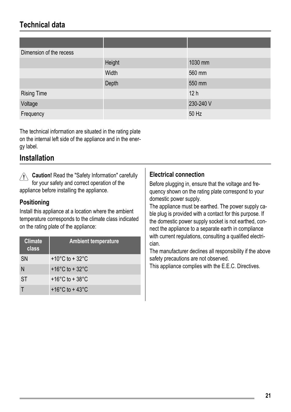 Technical data, Installation | ZANKER KBA 17401 SK User Manual | Page 21 / 52