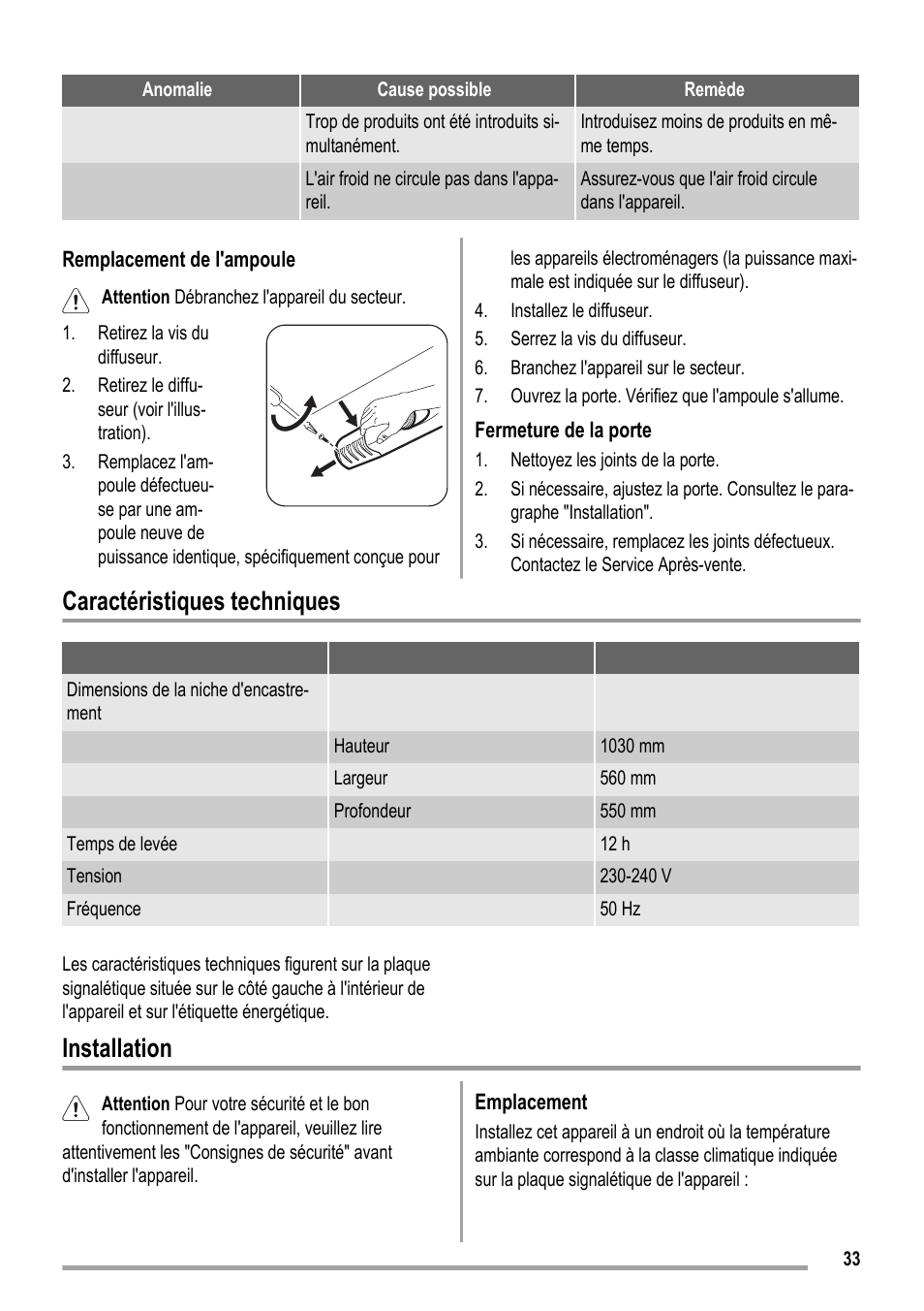 Caractéristiques techniques, Installation | ZANKER KBA 17401 SK User Manual | Page 33 / 52