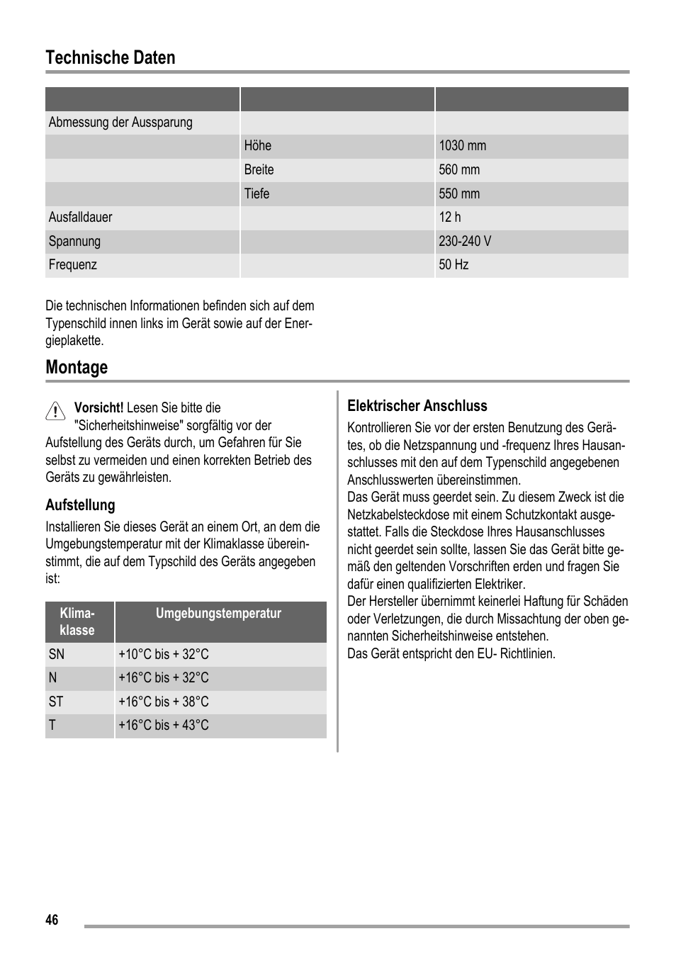 Technische daten, Montage | ZANKER KBA 17401 SK User Manual | Page 46 / 52