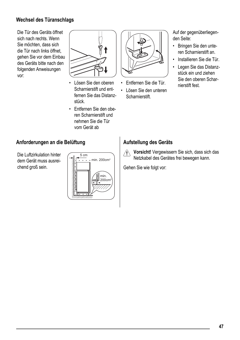 Wechsel des türanschlags, Anforderungen an die belüftung, Aufstellung des geräts | ZANKER KBA 17401 SK User Manual | Page 47 / 52