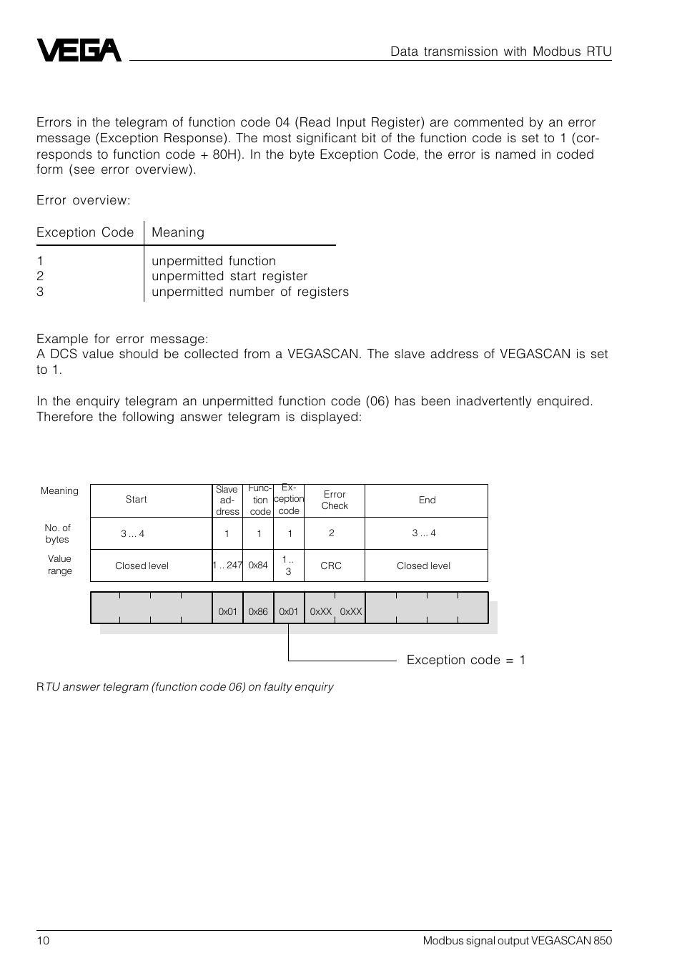 Error messages in rtu mode | VEGA VEGASCAN 850 Modbus signal output User Manual | Page 10 / 16