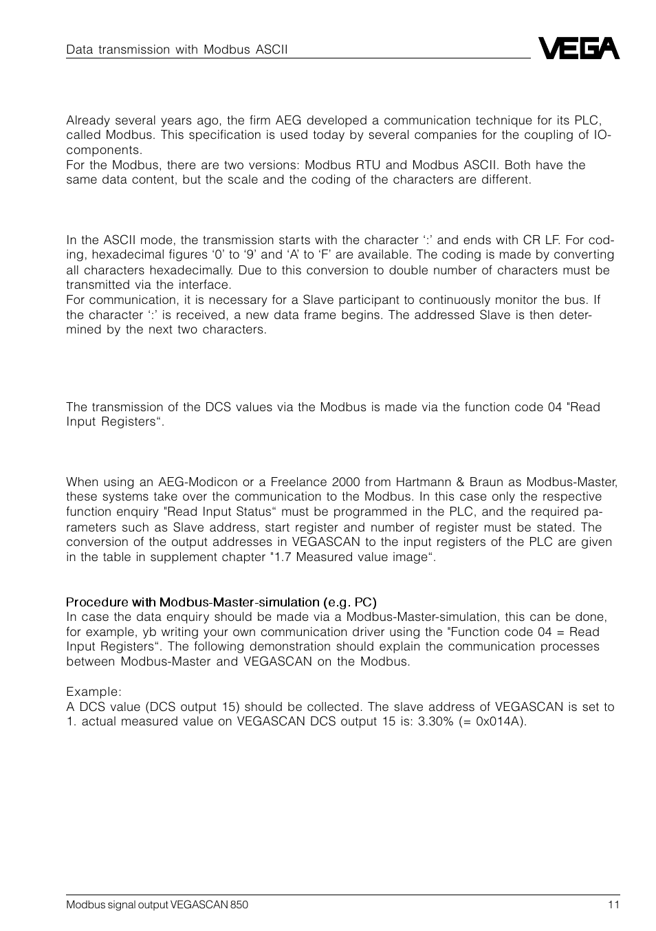 6 data transmission with modbus ascii, 6data transmission with modbus ascii | VEGA VEGASCAN 850 Modbus signal output User Manual | Page 11 / 16