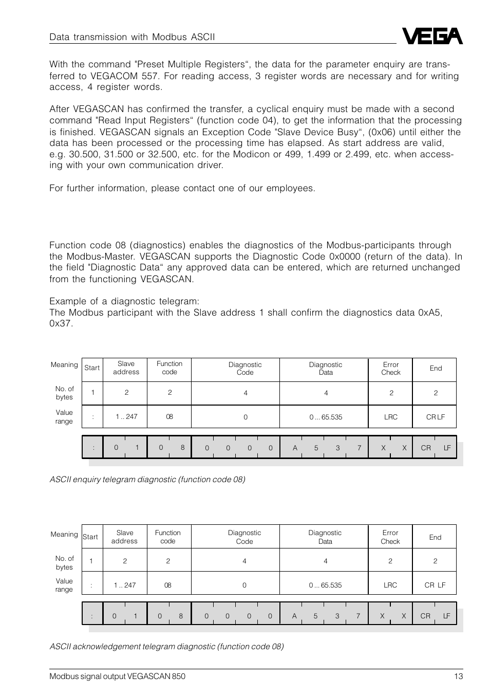 Diagnostic message in rtu mode | VEGA VEGASCAN 850 Modbus signal output User Manual | Page 13 / 16