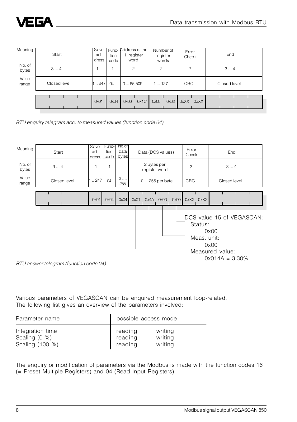 Setting of parameters of vegascan 850 in rtu mode | VEGA VEGASCAN 850 Modbus signal output User Manual | Page 8 / 16