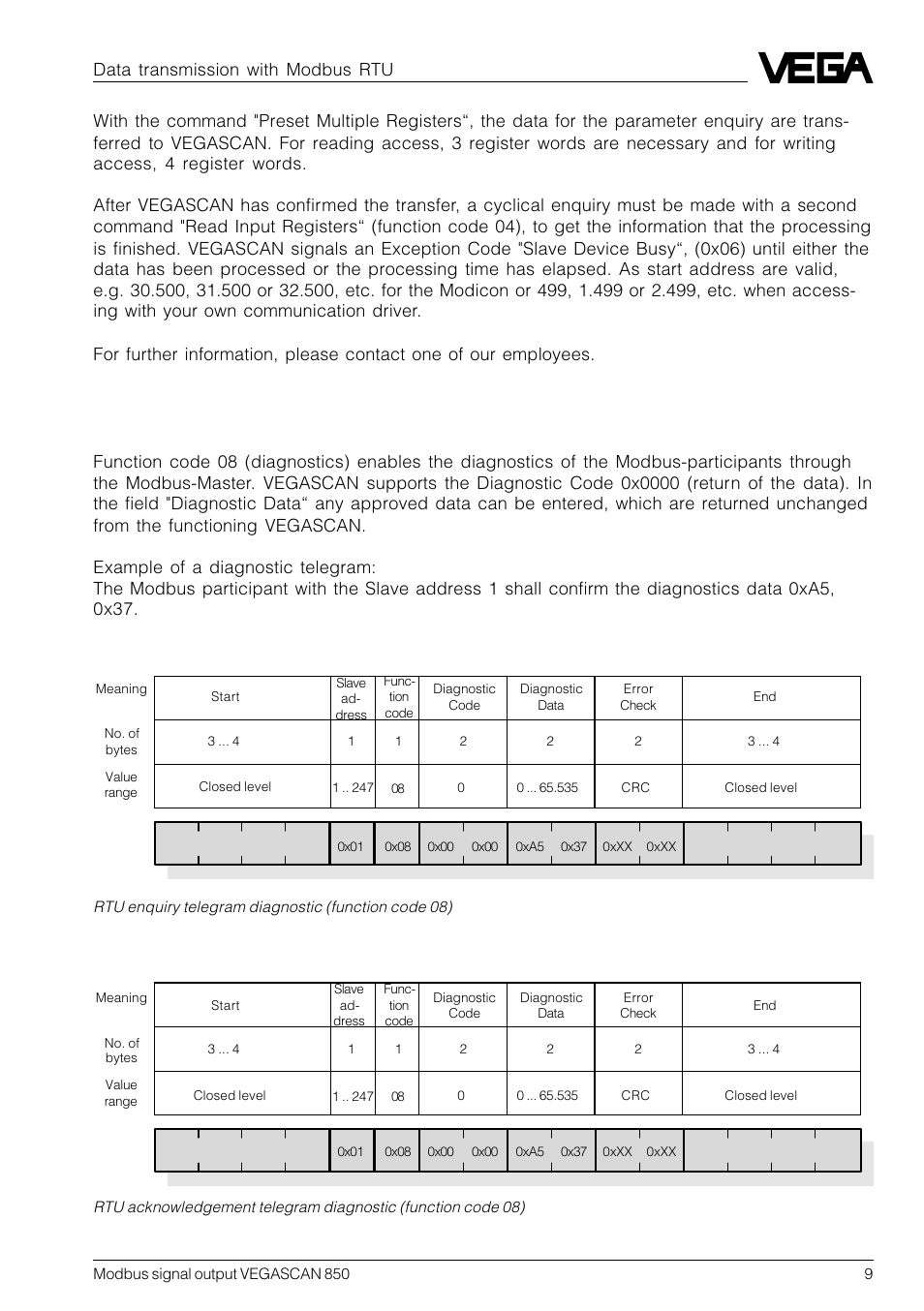 Diagnostic message in rtu mode | VEGA VEGASCAN 850 Modbus signal output User Manual | Page 9 / 16