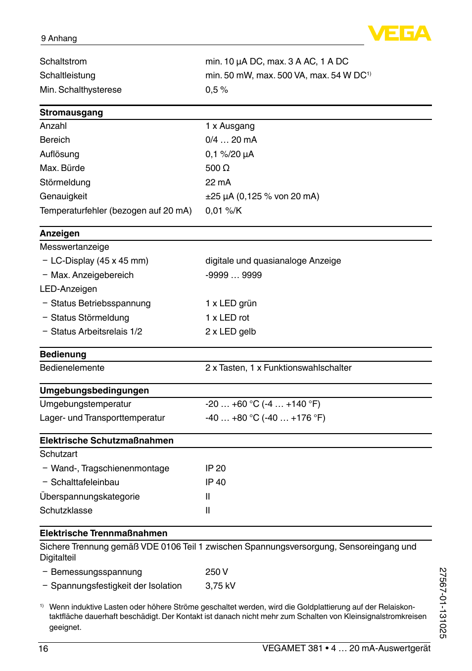 VEGA VEGAMET 381 User Manual | Page 16 / 72