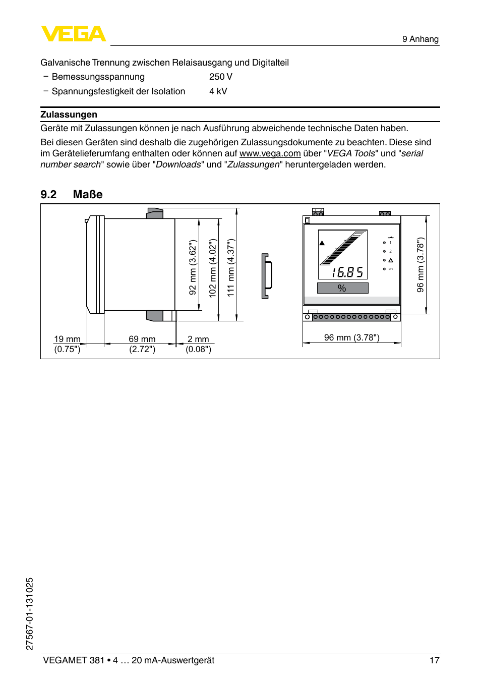 2 maße | VEGA VEGAMET 381 User Manual | Page 17 / 72