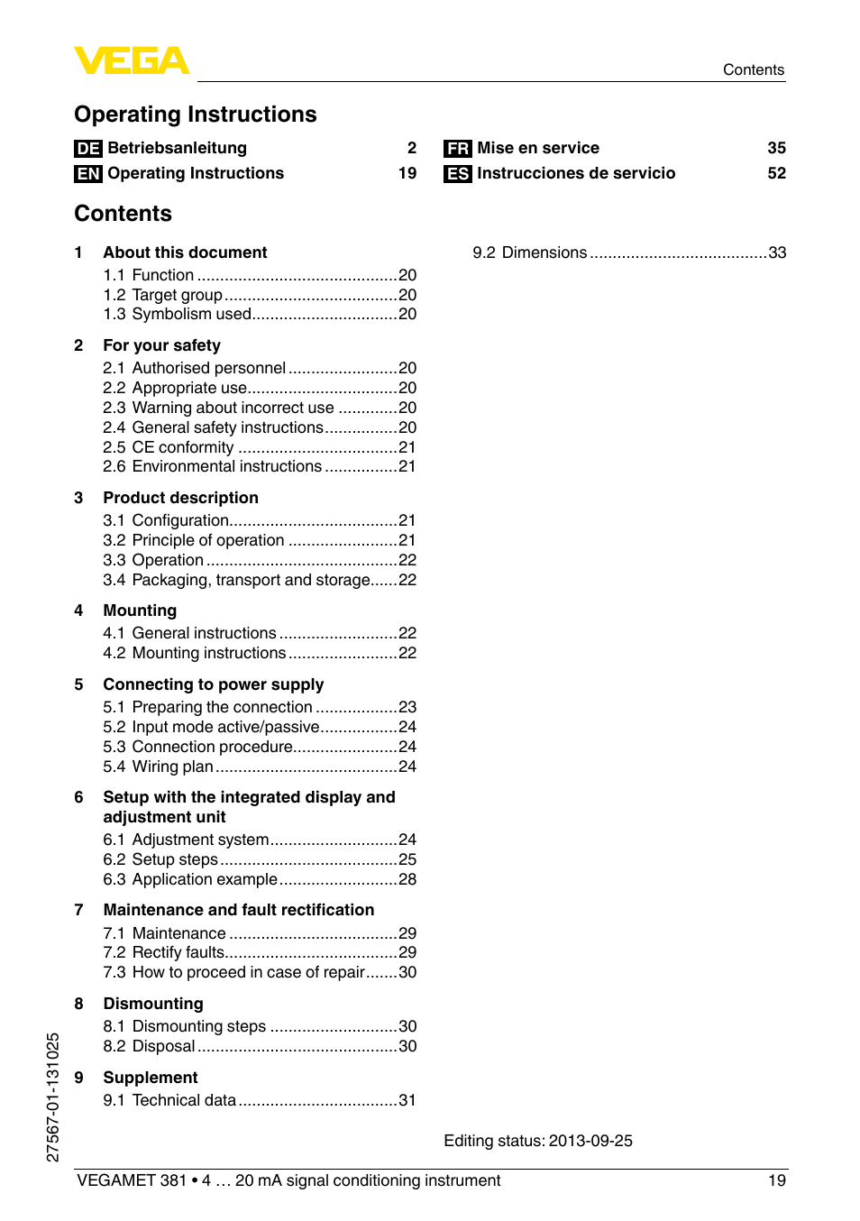 VEGA VEGAMET 381 User Manual | Page 19 / 72