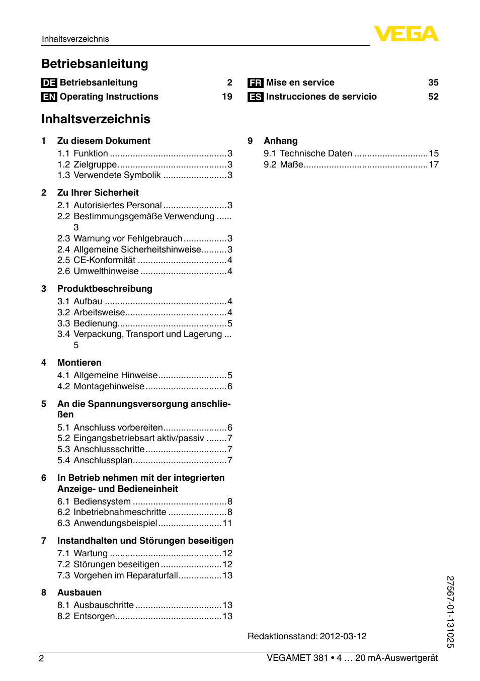 VEGA VEGAMET 381 User Manual | Page 2 / 72